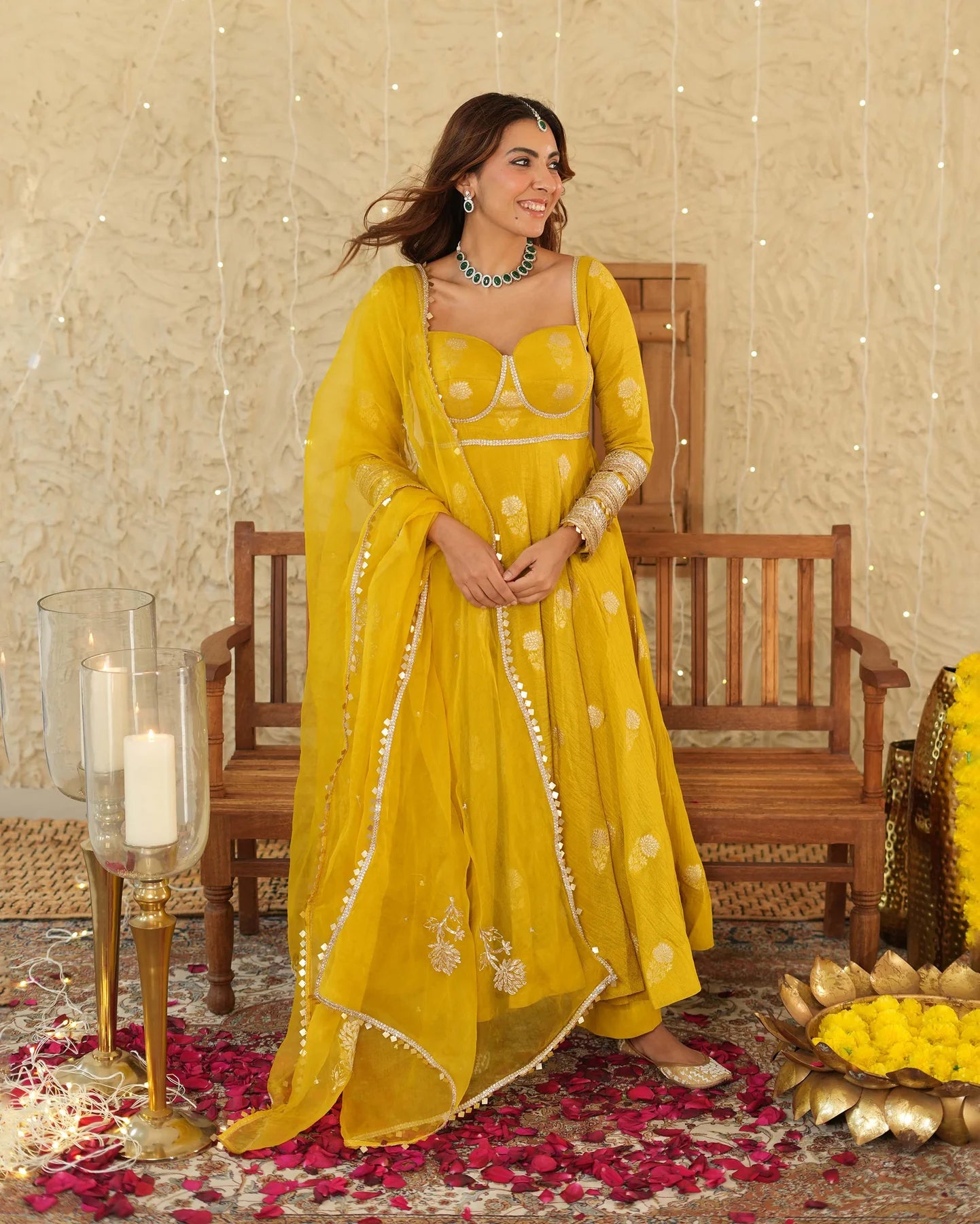 Traditional Nikhaar Mustard Jacquard Suit Set for Women with Kurta Pants and Dupatta