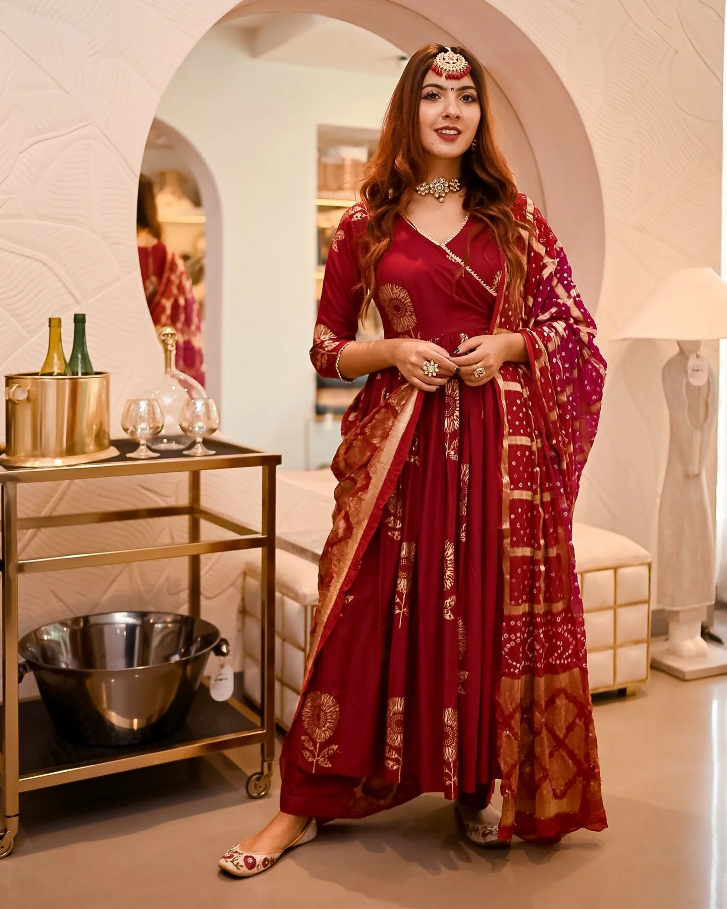 Party Ready Maroon Angrakha Bandhej Suit Set with Matching Dupatta