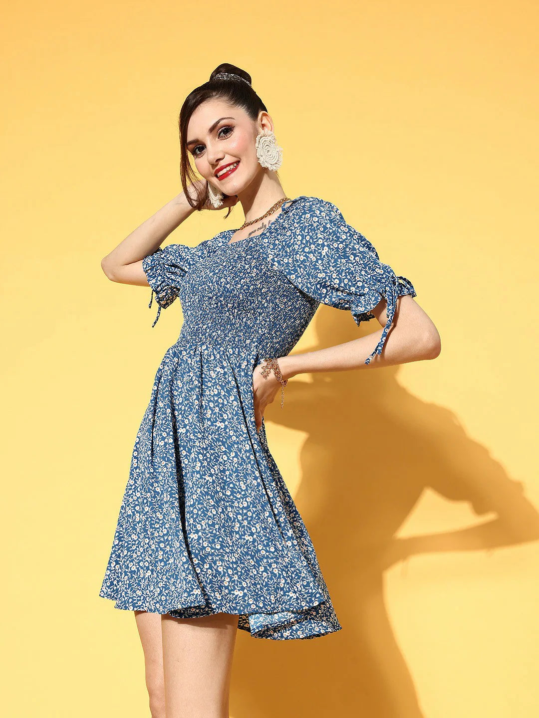 Blue & White Floral Printed Square Neck Smocked Back Crepe A-Line Mini Dress