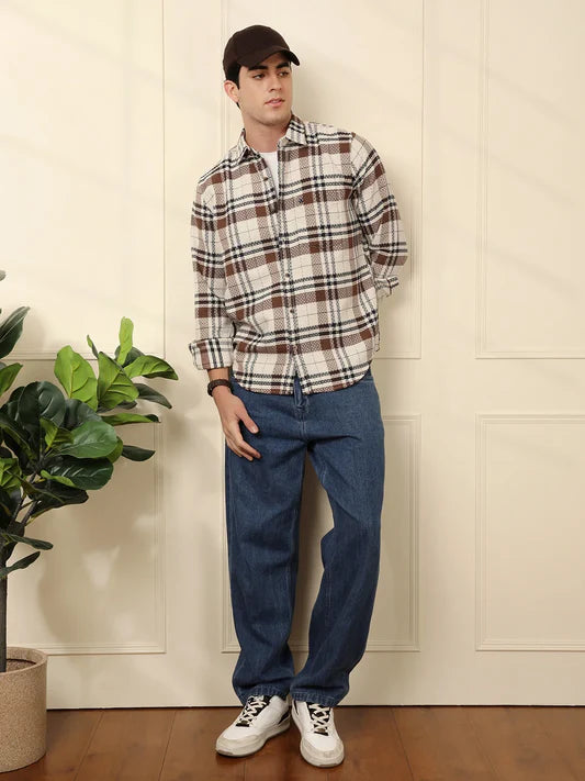 Men’s Brown Checked Dobby Pattern Slim Fit Casual Shirt for Everyday Wear