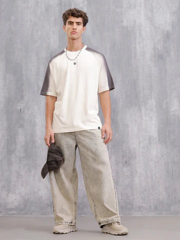 Oversized Beige Pure Cotton T-Shirt for Men with Placement Wash Detail – Modern Streetwear Inspired Casual Graphic Top