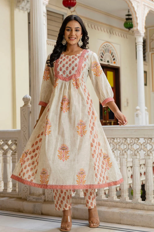 Women Designer White Yellow Anarkali Suit Set with Ethnic Motif Patterns and Dupatta
