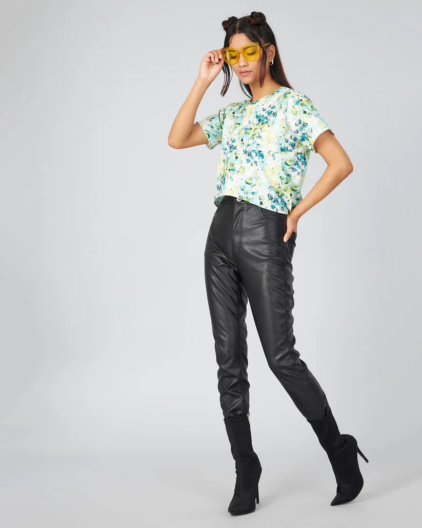 Lightweight Sky Blue Top with Floral Print and Open Back for Women