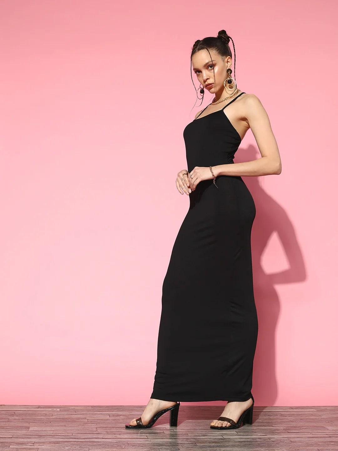 Black Square Neck Sleeveless Criss-Cross Back Straight Hem Bodycon Maxi Dress