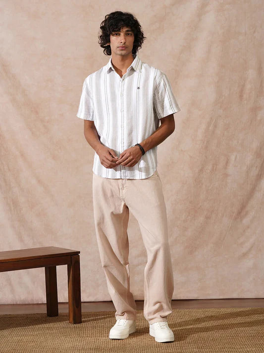 Stylish Khaki Shirt for Men in Comfort Fit Featuring Textured Stripes