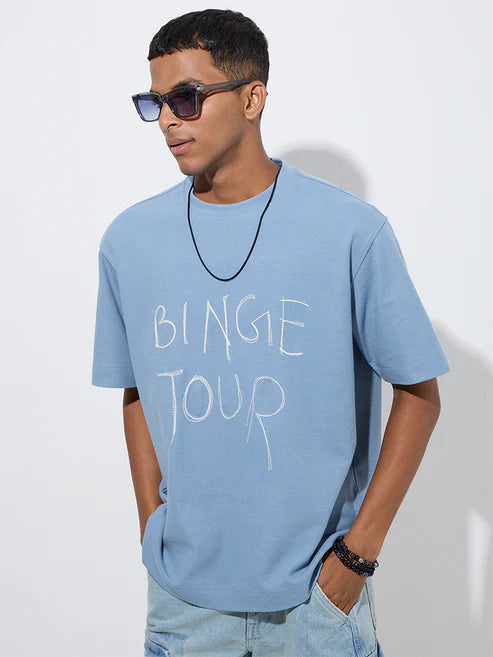 Men’s Blue Relaxed Fit Cotton T-Shirt with Typographic Print – Modern Graphic Tee for Streetwear and Everyday Style