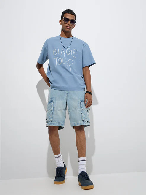 Men’s Blue Relaxed Fit Cotton T-Shirt with Typographic Print – Modern Graphic Tee for Streetwear and Everyday Style