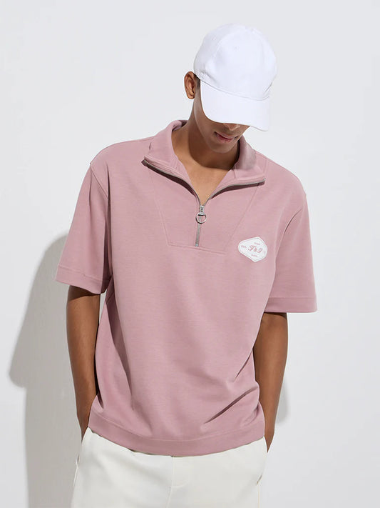 Studiofit Men’s Dusty Pink Quarter-Zip Relaxed Fit T-Shirt – Trendy Half Zip Tee for Everyday Casual and Athleisure Style