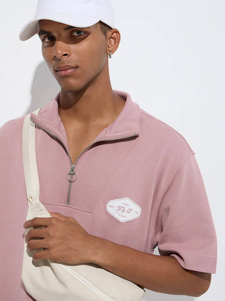 Studiofit Men’s Dusty Pink Quarter-Zip Relaxed Fit T-Shirt – Trendy Half Zip Tee for Everyday Casual and Athleisure Style