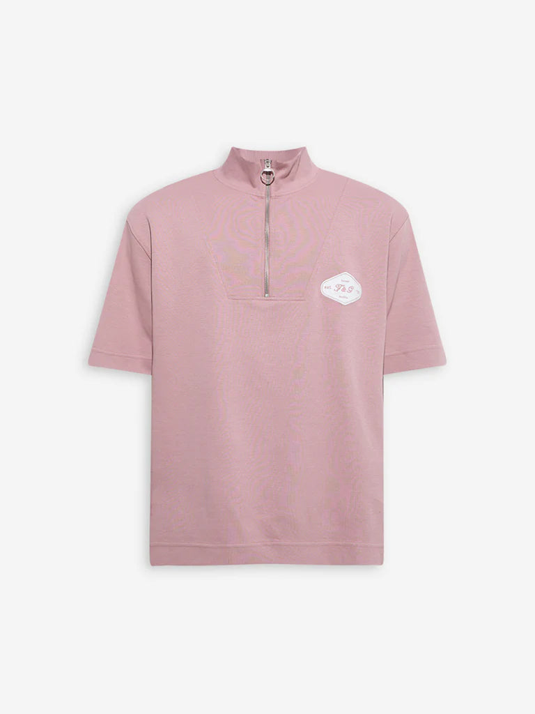 Studiofit Men’s Dusty Pink Quarter-Zip Relaxed Fit T-Shirt – Trendy Half Zip Tee for Everyday Casual and Athleisure Style