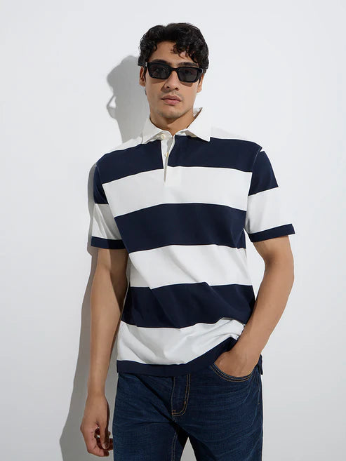 Navy Polo T-Shirt for Men in Cotton Blend Fabric – Relaxed Fit Everyday Casual Wear with Collar and Button Placket