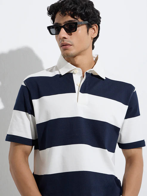 Navy Polo T-Shirt for Men in Cotton Blend Fabric – Relaxed Fit Everyday Casual Wear with Collar and Button Placket