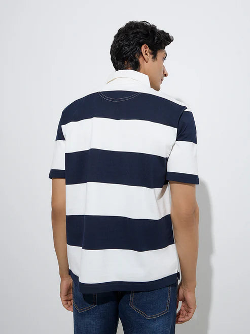 Navy Polo T-Shirt for Men in Cotton Blend Fabric – Relaxed Fit Everyday Casual Wear with Collar and Button Placket