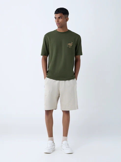 Olive Green Text Print Relaxed Fit Cotton Blend T-Shirt for Men – Comfortable Casual Wear with Modern Graphic Design