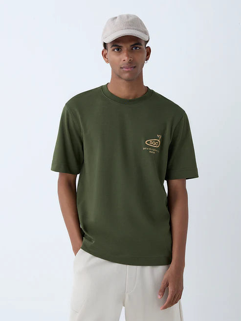 Olive Green Text Print Relaxed Fit Cotton Blend T-Shirt for Men – Comfortable Casual Wear with Modern Graphic Design
