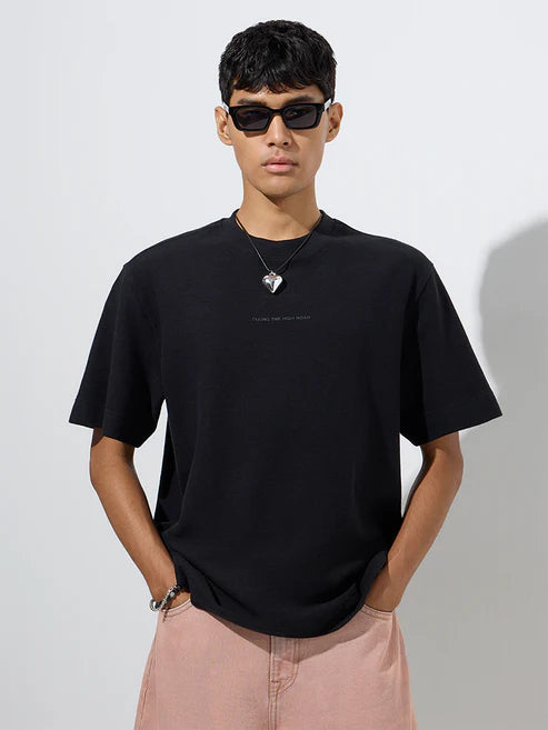 Black Text Print Relaxed Fit Men’s Cotton T-Shirt – Soft and Breathable Graphic Casual Wear for Modern Style