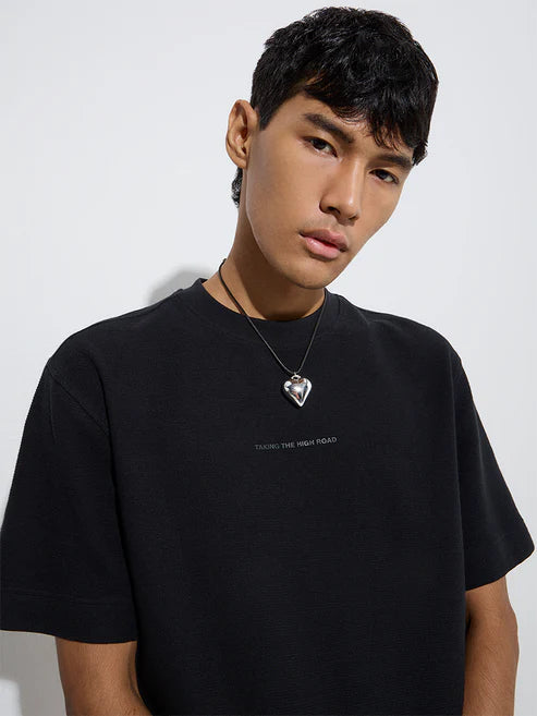Black Text Print Relaxed Fit Men’s Cotton T-Shirt – Soft and Breathable Graphic Casual Wear for Modern Style