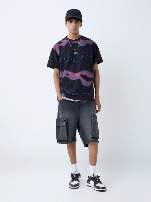 Black Abstract Design Relaxed Fit Cotton T-Shirt for Men – Modern Graphic Casual Wear with Comfortable Everyday Style