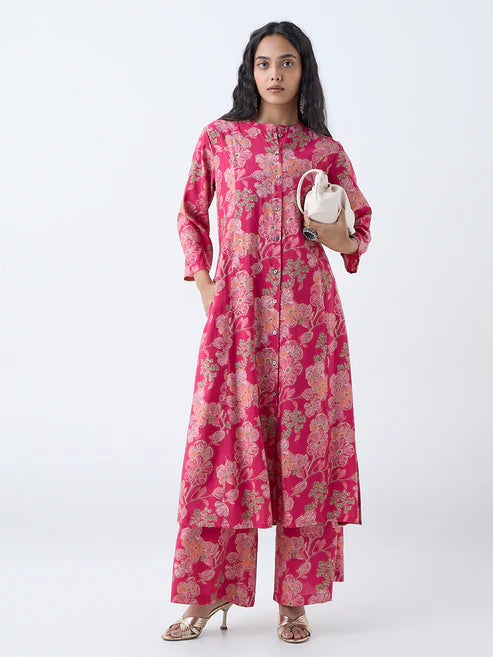 Modern Fuchsia Floral A-Line Kurti for Women for Daily and Ethnic Wear