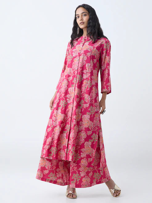 Modern Fuchsia Floral A-Line Kurti for Women for Daily and Ethnic Wear