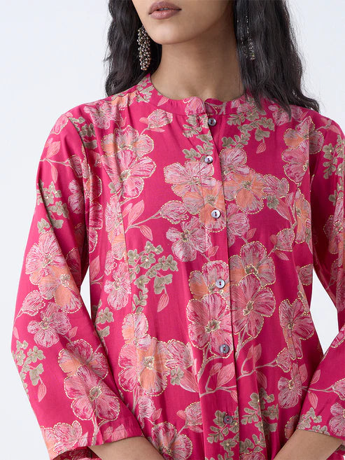 Modern Fuchsia Floral A-Line Kurti for Women for Daily and Ethnic Wear