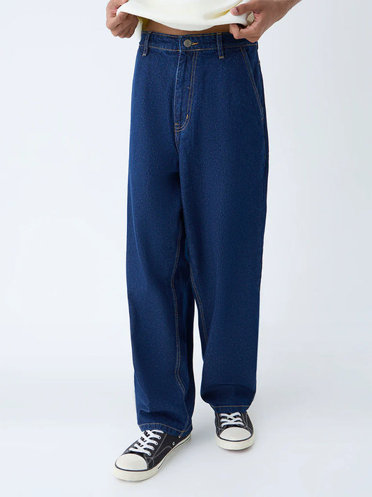 Dark Blue Loose Fit Mid Rise Jeans for Men with Comfortable and Relaxed Style