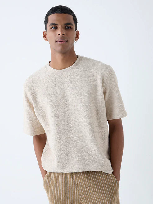 Men’s Beige Relaxed Fit Cotton Blend T-Shirt with Self-Texture – Stylish Minimal Casual Top for Daily and Weekend Outfits