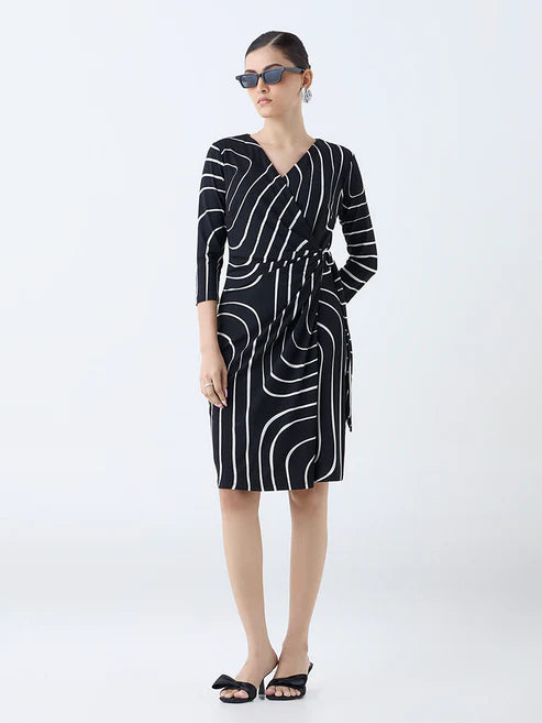 Women’s Black Abstract Wrap-Style Mini Dress with Tie Waist