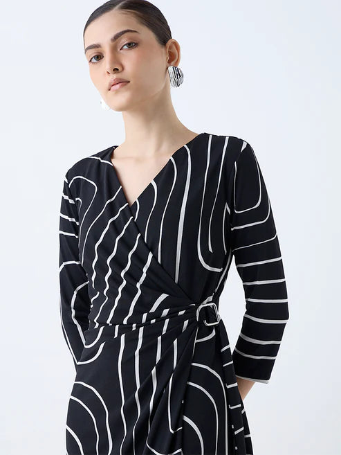 Women’s Black Abstract Wrap-Style Mini Dress with Tie Waist
