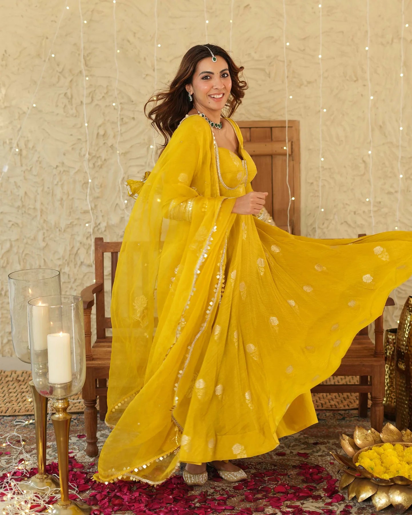 Traditional Nikhaar Mustard Jacquard Suit Set for Women with Kurta Pants and Dupatta