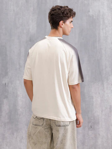 Oversized Beige Pure Cotton T-Shirt for Men with Placement Wash Detail – Modern Streetwear Inspired Casual Graphic Top