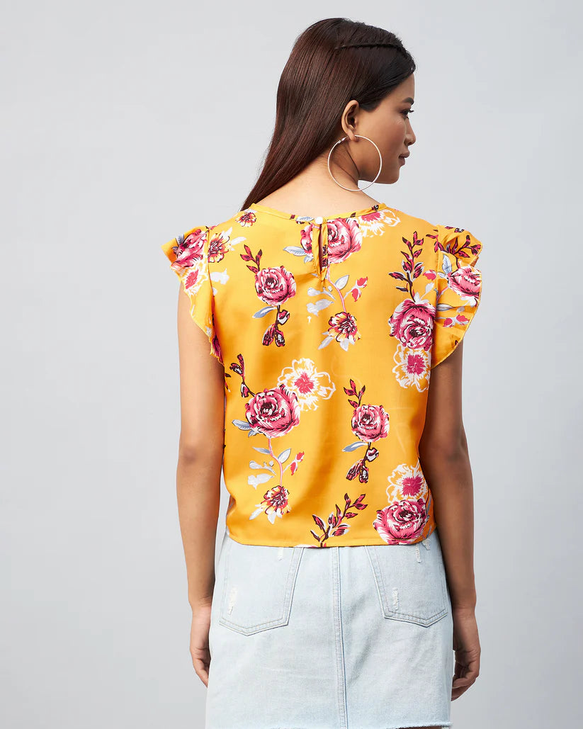 Women’s Yellow Crepe Top with Floral Print and Ruffled Design