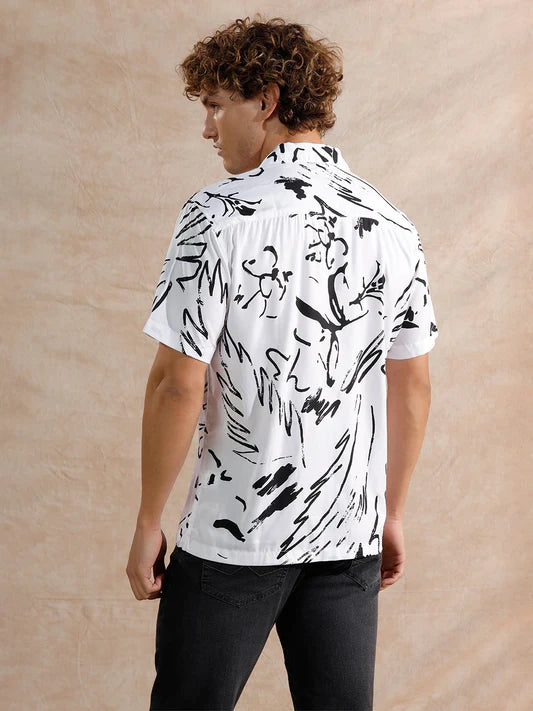 Lightweight White Viscose Shirt for Men with Fluid All-Over Print