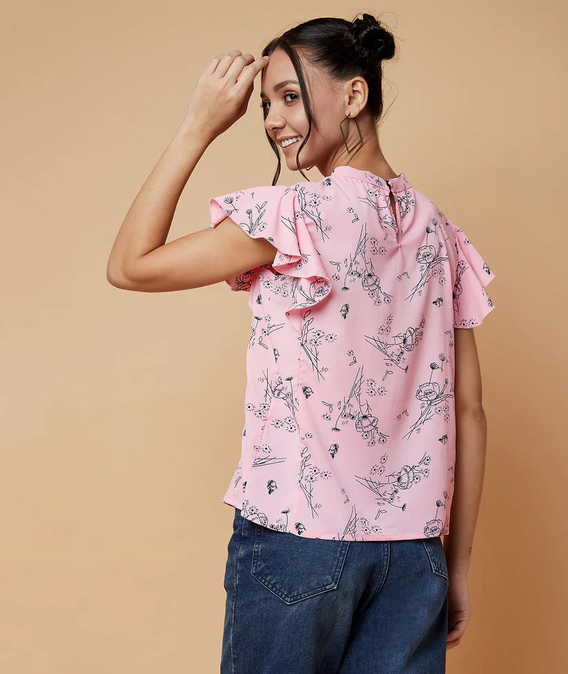 Women’s Pink Floral Top with Choker Neck for Elegant Casual Look