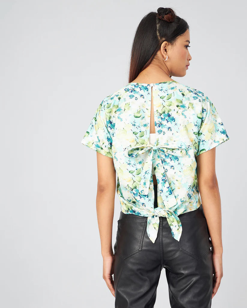 Lightweight Sky Blue Top with Floral Print and Open Back for Women