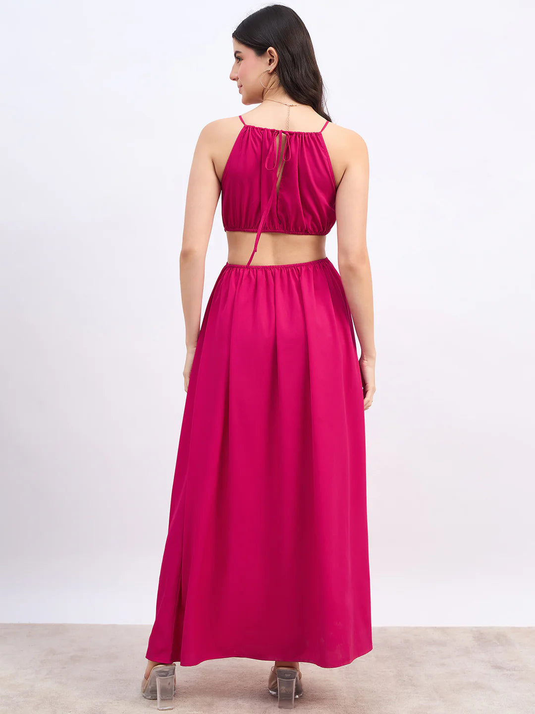 Women’s Solid Pink Halter Neck Maxi Dress with Sleeveless Design, Back Tie-Up, and Pleated Fit & Flare Silhouette