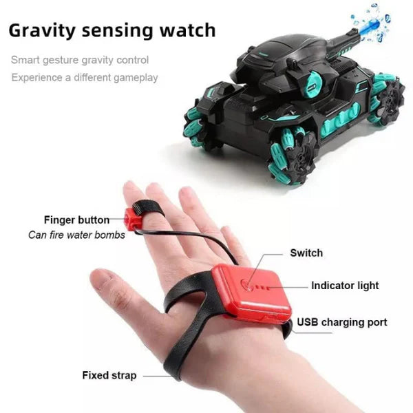 RC Battle Car with Gesture Control 360° Rotating Turret Water Bullet Shooting 4WD High-Speed Drift and Rechargeable Battery