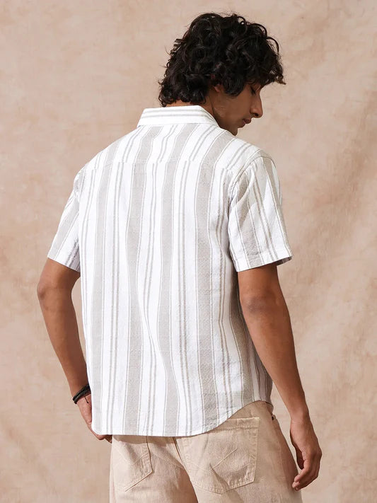 Stylish Khaki Shirt for Men in Comfort Fit Featuring Textured Stripes