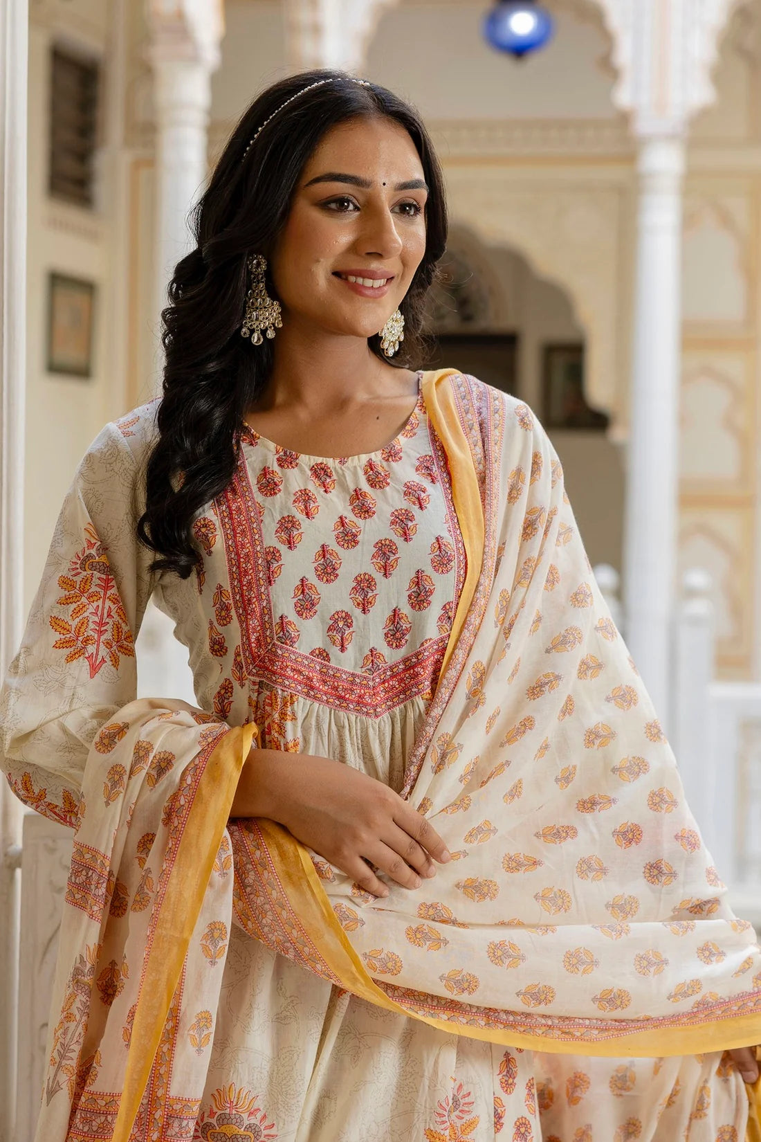 Women Designer White Yellow Anarkali Suit Set with Ethnic Motif Patterns and Dupatta