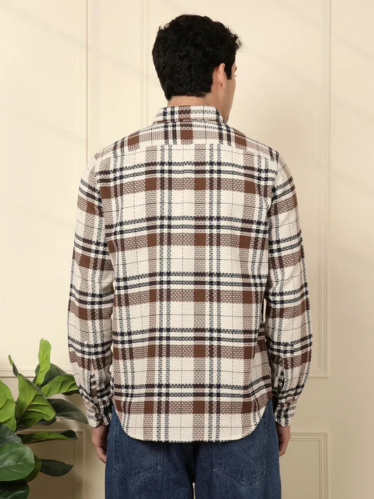 Men’s Brown Checked Dobby Pattern Slim Fit Casual Shirt for Everyday Wear