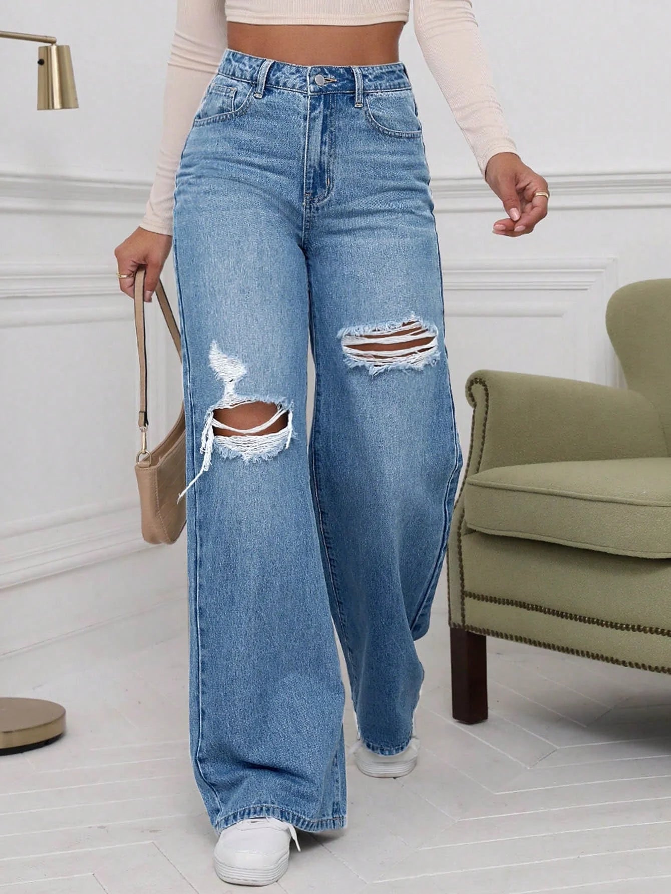 Women’s Blue Baggy Jeans with Knee and Thigh Distressed Design