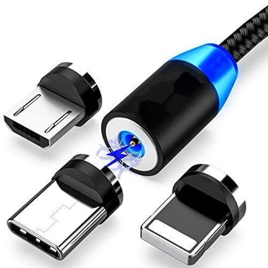 Fast Charging Magnetic Cable 3-in-1 with 360° Swivel Head Status Light Compatible with Type-C Micro USB and Lightning