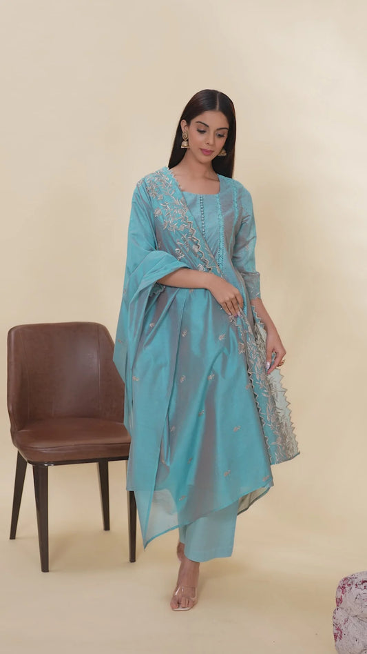 Women’s Turquoise Chanderi Kalidar Kurta Palazzo and Dupatta Suit Set with Elegant Embroidery