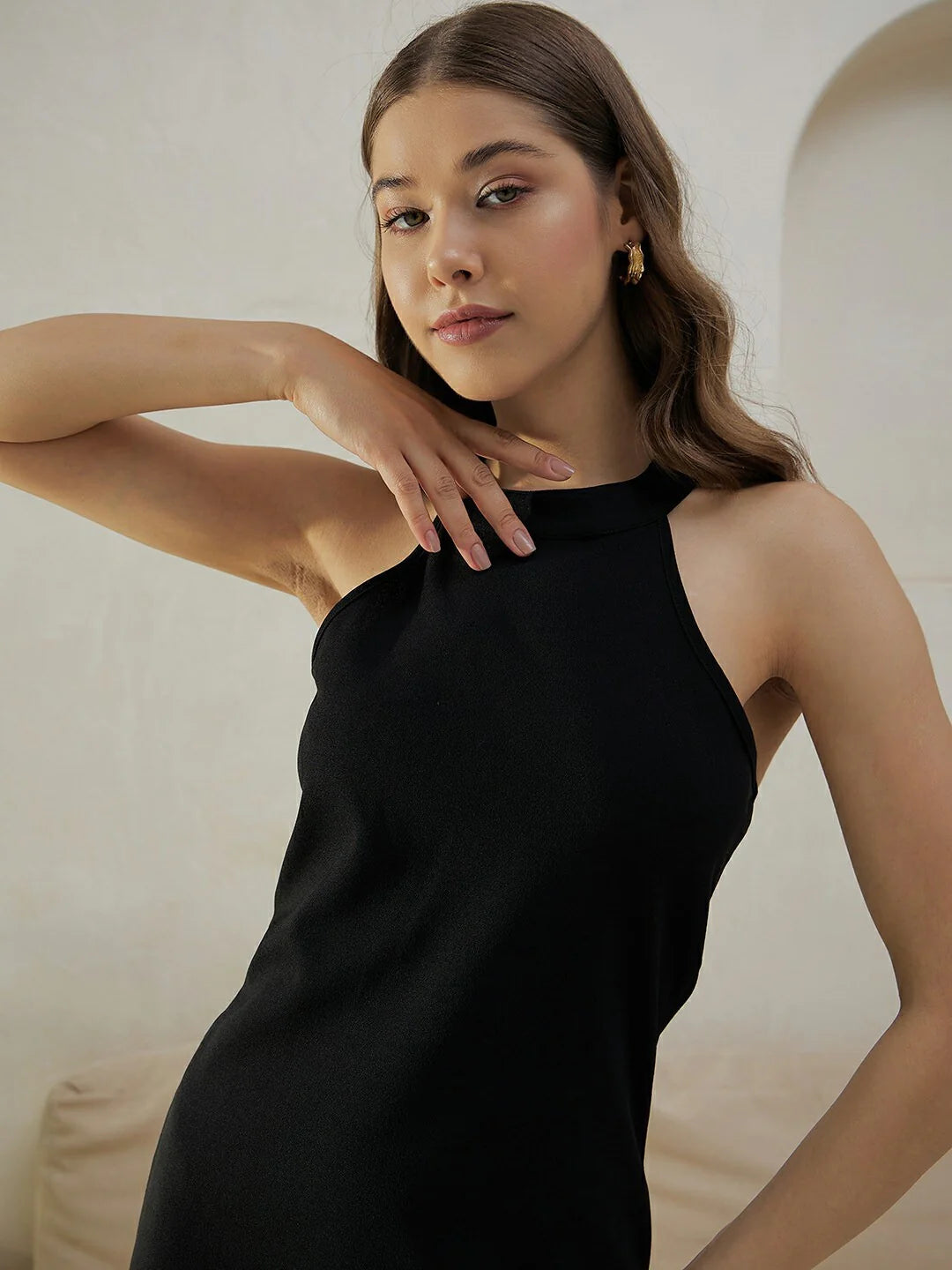 Black Halter Neck Sleeveless Backless Straight Hem Knitted Sheath Mini Dress