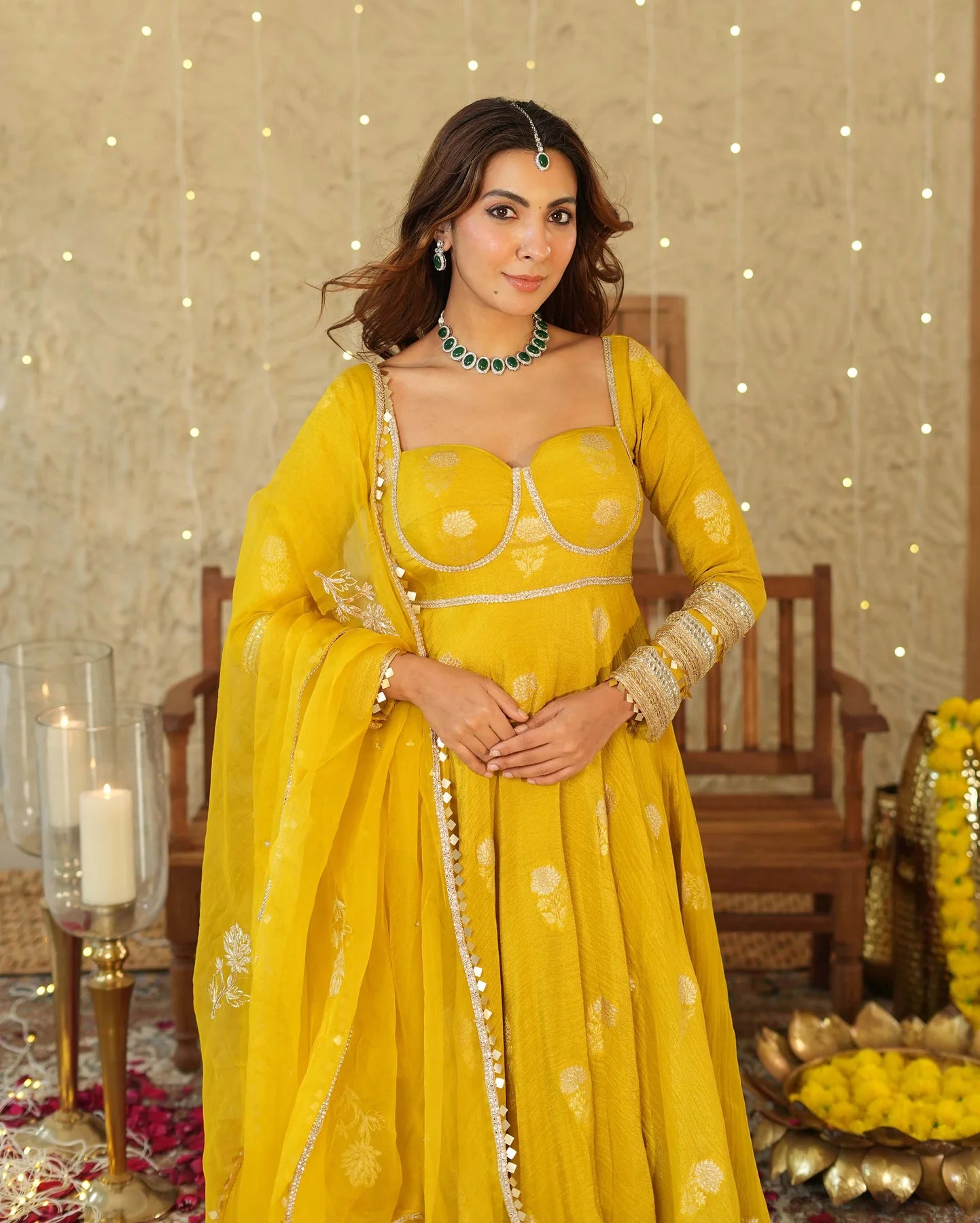 Traditional Nikhaar Mustard Jacquard Suit Set for Women with Kurta Pants and Dupatta
