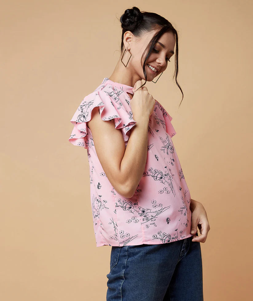 Women’s Pink Floral Top with Choker Neck for Elegant Casual Look