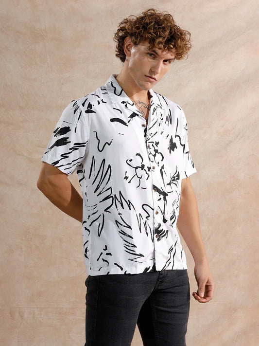 Lightweight White Viscose Shirt for Men with Fluid All-Over Print