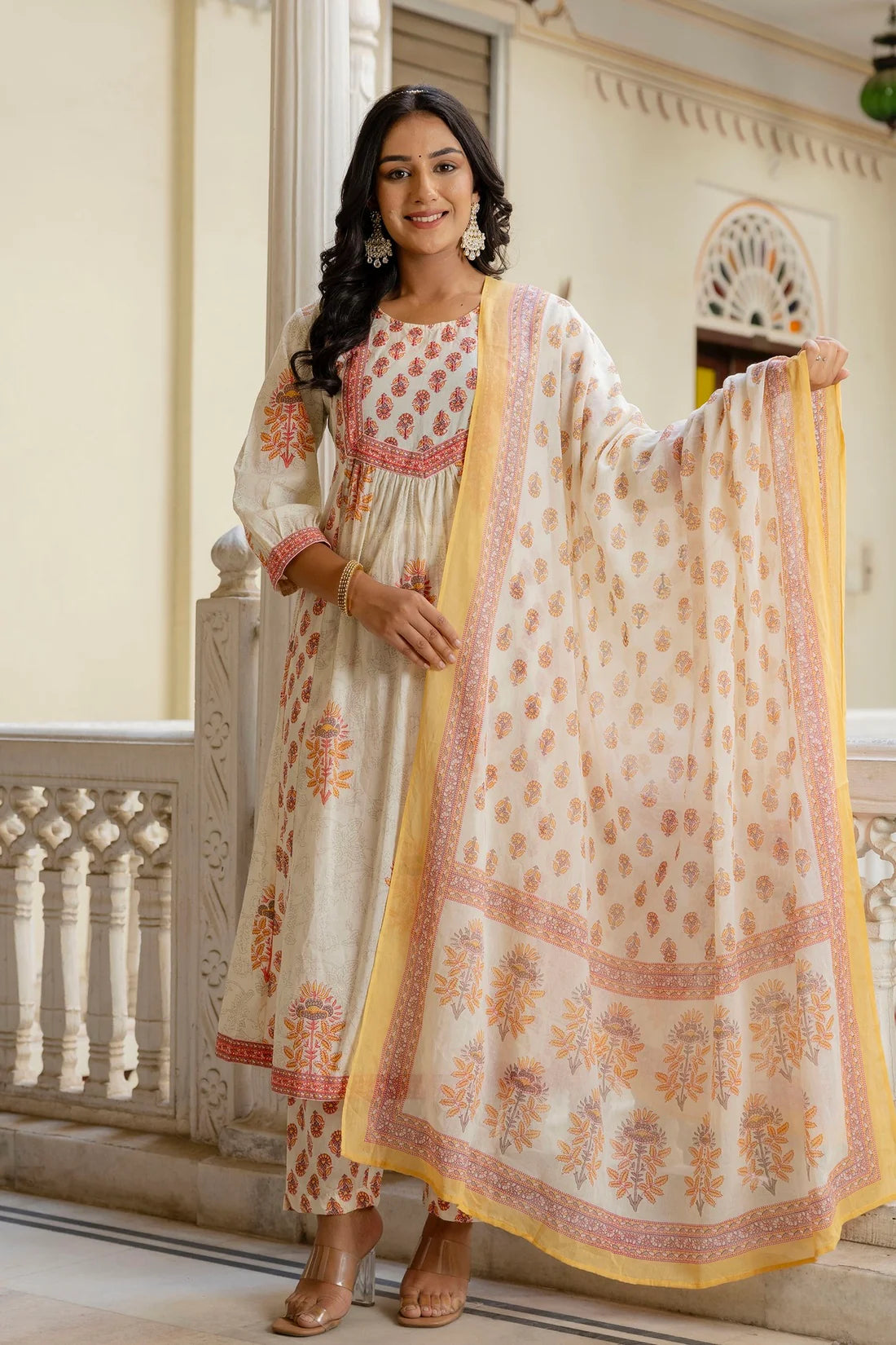 Women Designer White Yellow Anarkali Suit Set with Ethnic Motif Patterns and Dupatta