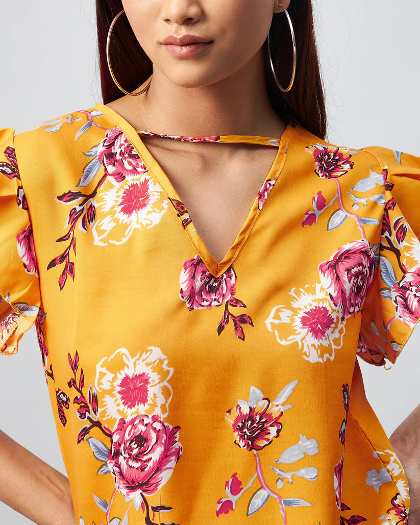 Women’s Yellow Crepe Top with Floral Print and Ruffled Design