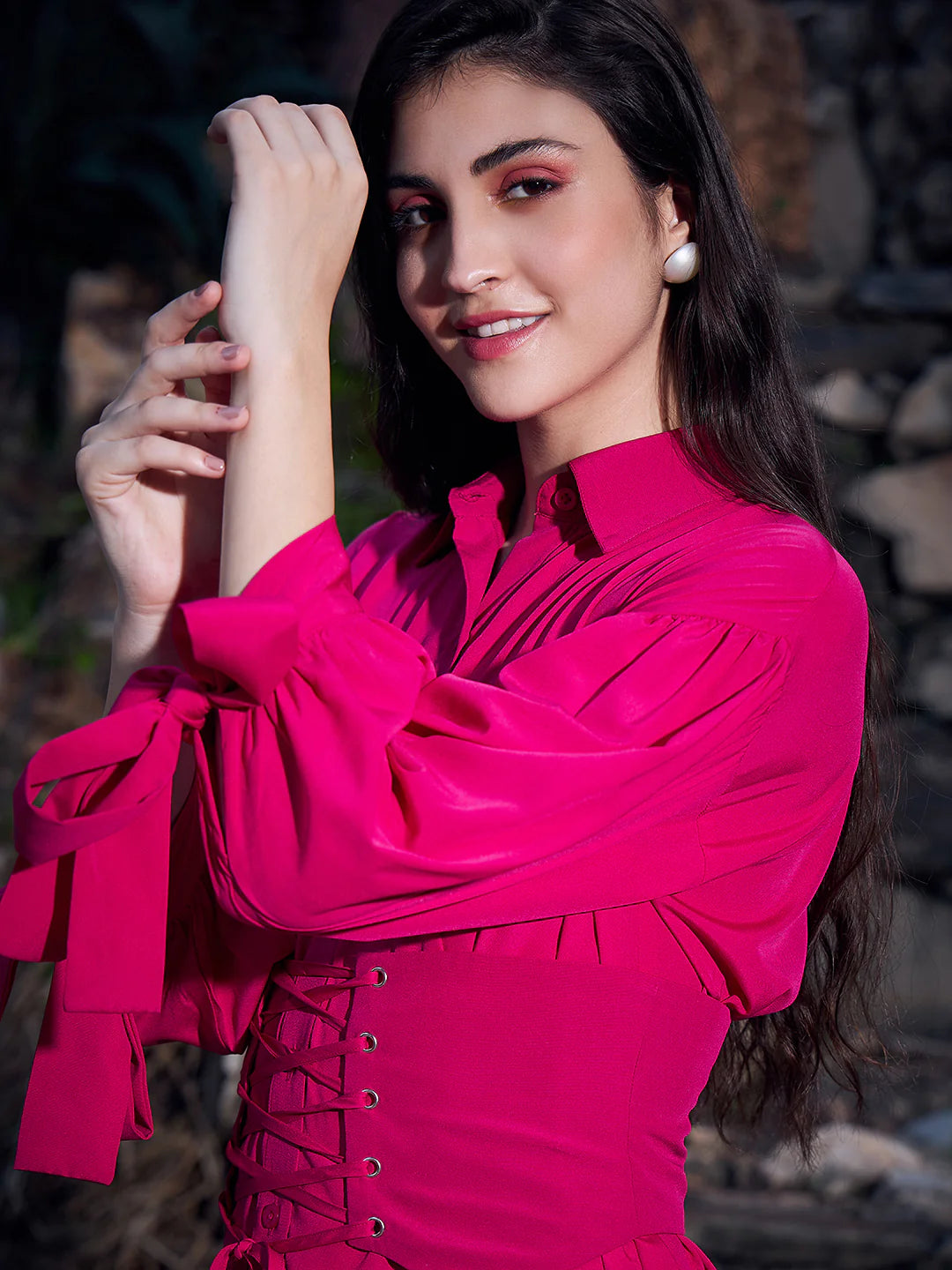 Pink Collar Neck Waist Tie-Up Corset Curved Hem Mini Shirt Dress